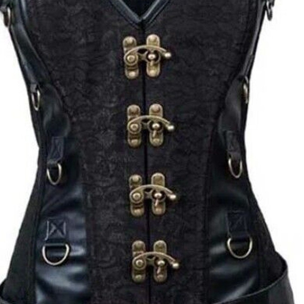 6X Black Steel Boned Steampunk Goth Witch Brocade Floral Leather Overbust Corset